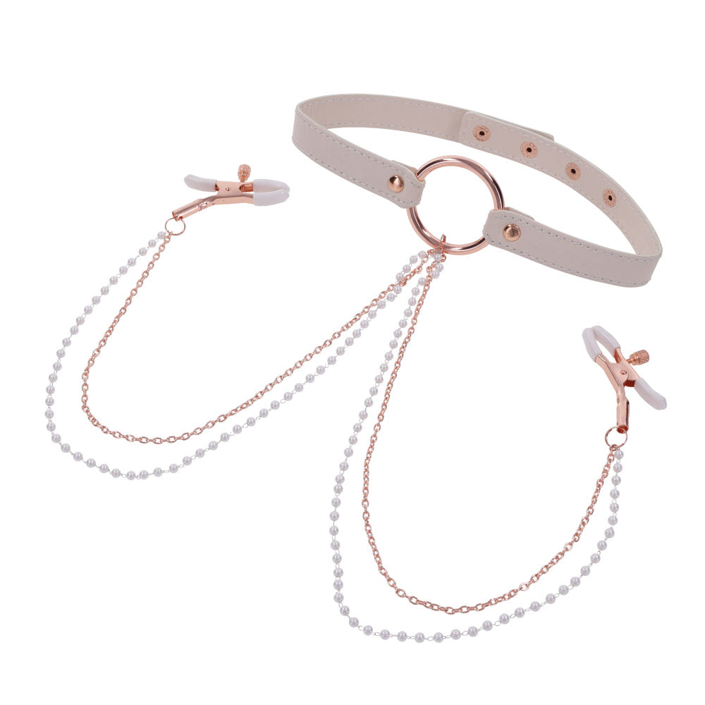 Sex & Mischief Peaches N Crea Me Collar With Nipple Clamps Peach Nipple Restraints
