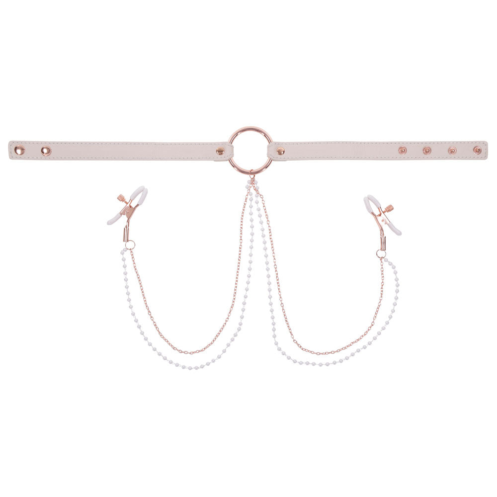Sex & Mischief Peaches N Crea Me Collar With Nipple Clamps Peach Nipple Restraints