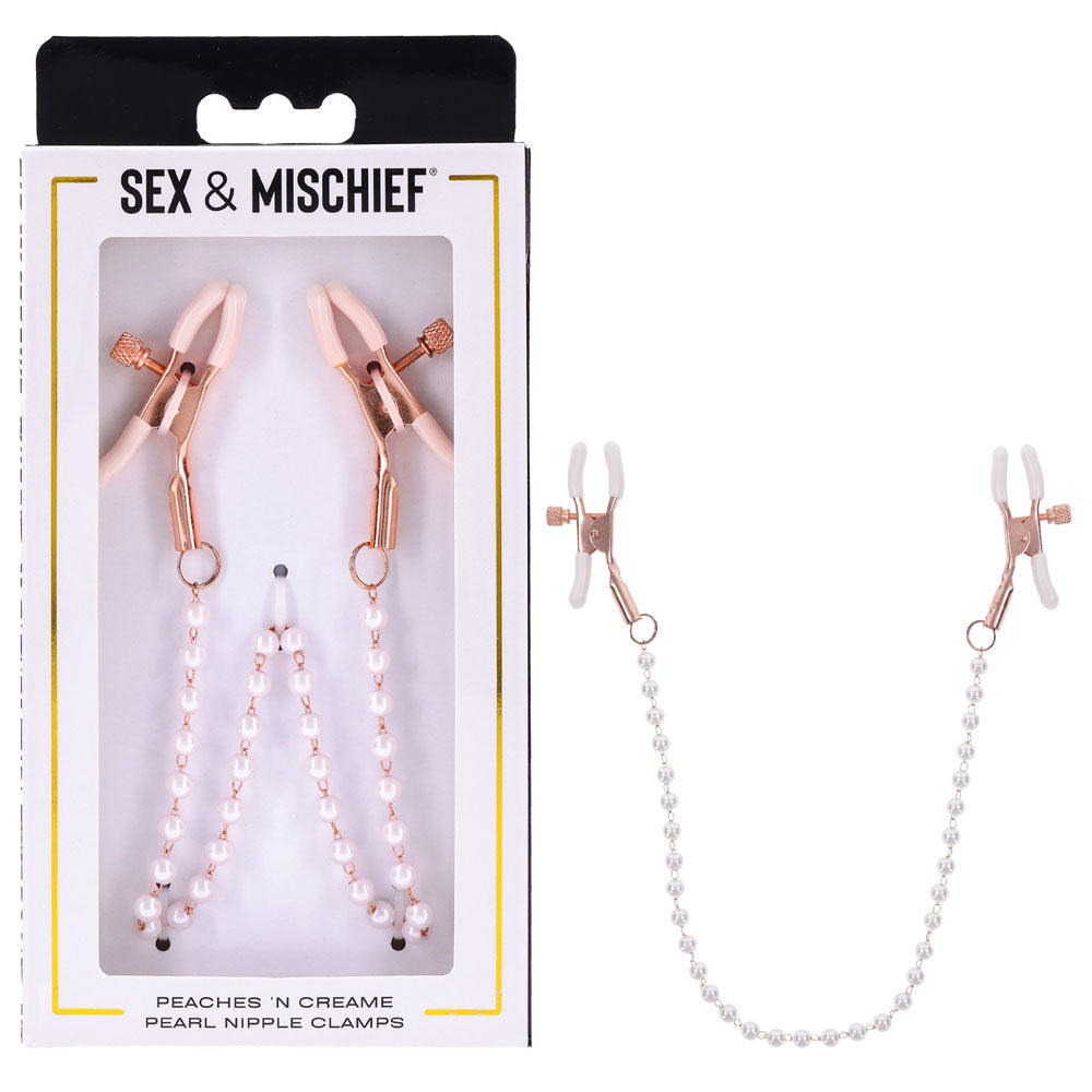 Sex & Mischief Peaches N Crea Me Pearl Nipple Clamps Peach Nipple Restraints