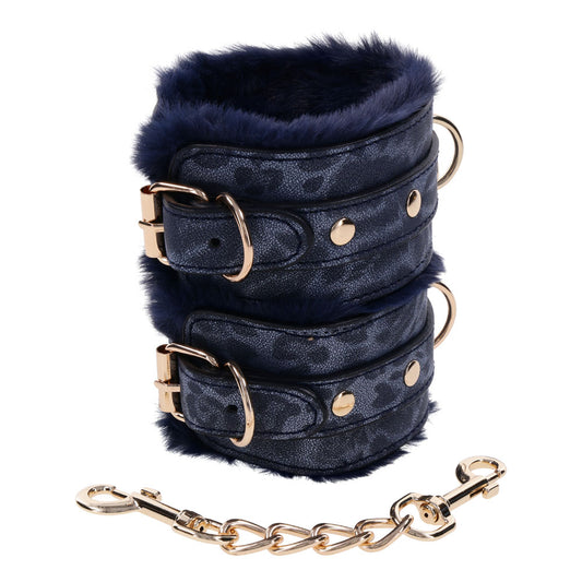 Sex & Mischief Cougar Fur Handcuffs Navy Blue/Gold Furry Restraints
