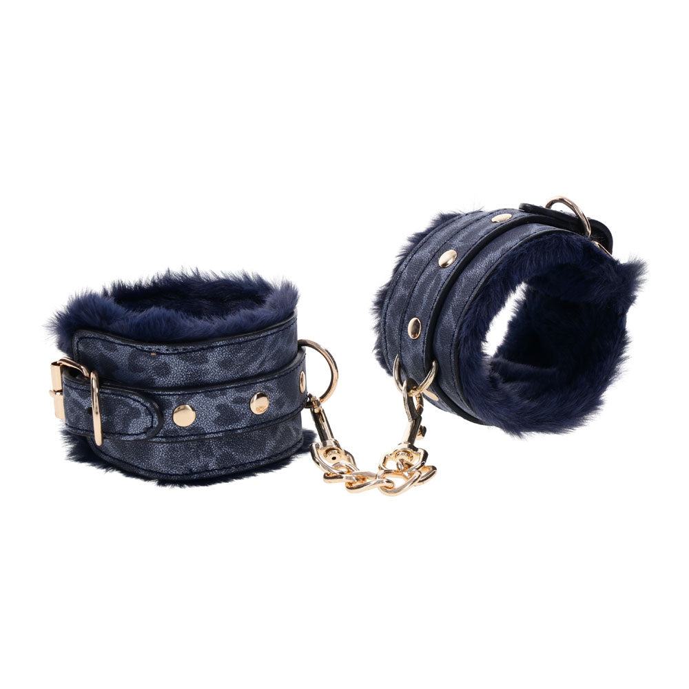 Sex & Mischief Cougar Fur Handcuffs Navy Blue/Gold Furry Restraints