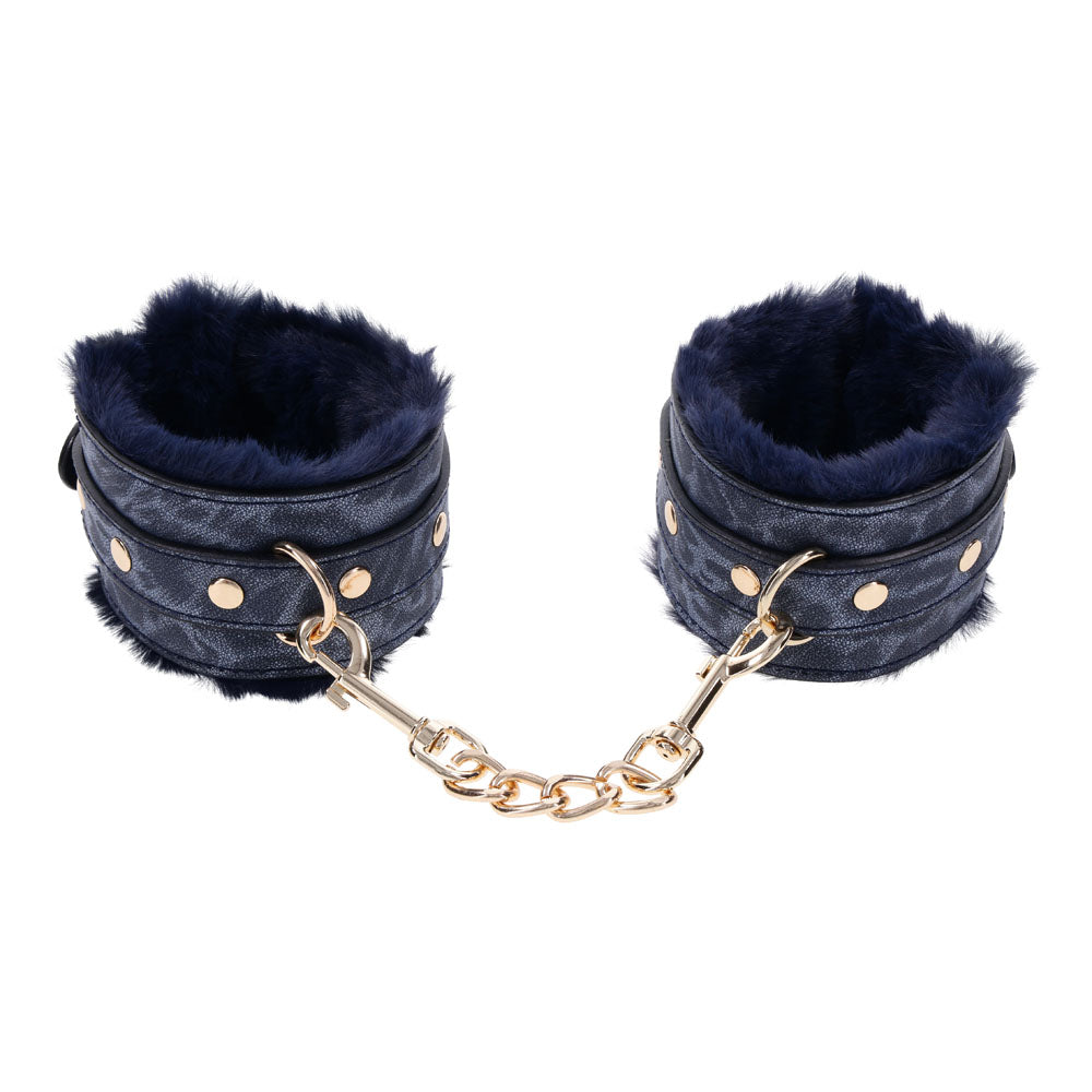 Sex & Mischief Cougar Fur Handcuffs Navy Blue/Gold Furry Restraints
