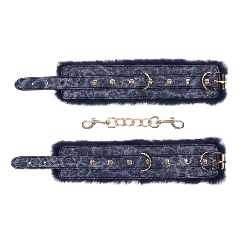 Sex & Mischief Cougar Fur Handcuffs Navy Blue/Gold Furry Restraints