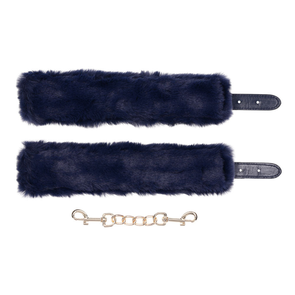 Sex & Mischief Cougar Fur Handcuffs Navy Blue/Gold Furry Restraints