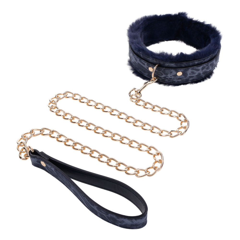 Sex & Mischief Cougar Fur Collar & Leash Navy Blue/Gold Furry Restraint