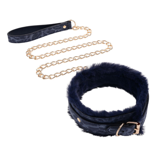 Sex & Mischief Cougar Fur Collar & Leash Navy Blue/Gold Furry Restraint