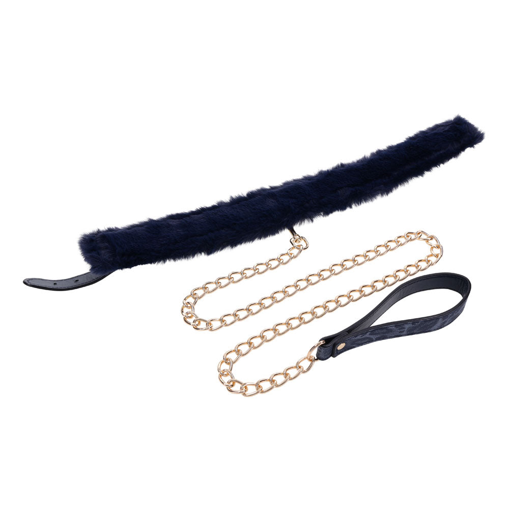 Sex & Mischief Cougar Fur Collar & Leash Navy Blue/Gold Furry Restraint