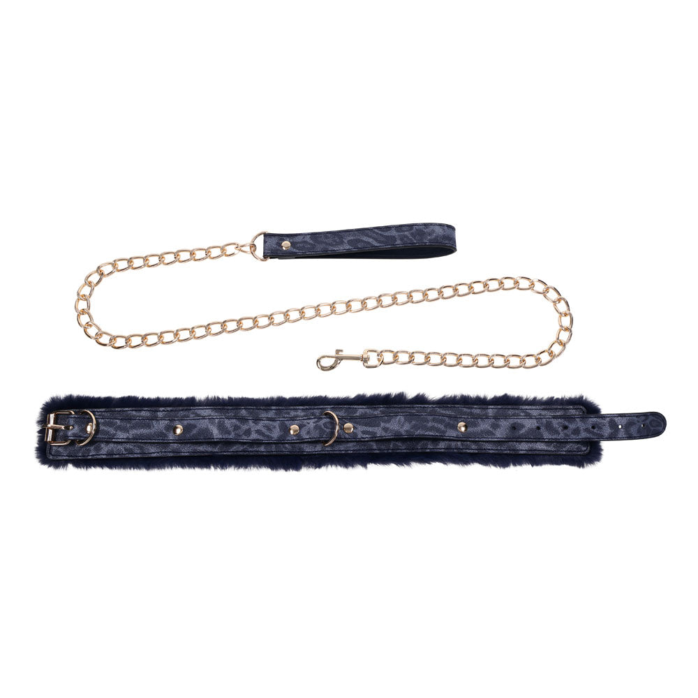 Sex & Mischief Cougar Fur Collar & Leash Navy Blue/Gold Furry Restraint