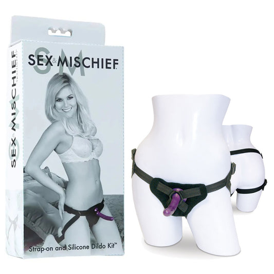 Sex & Mischief Strap On & Silicone Dildo Kit Black/Purple Adjustable Strap On