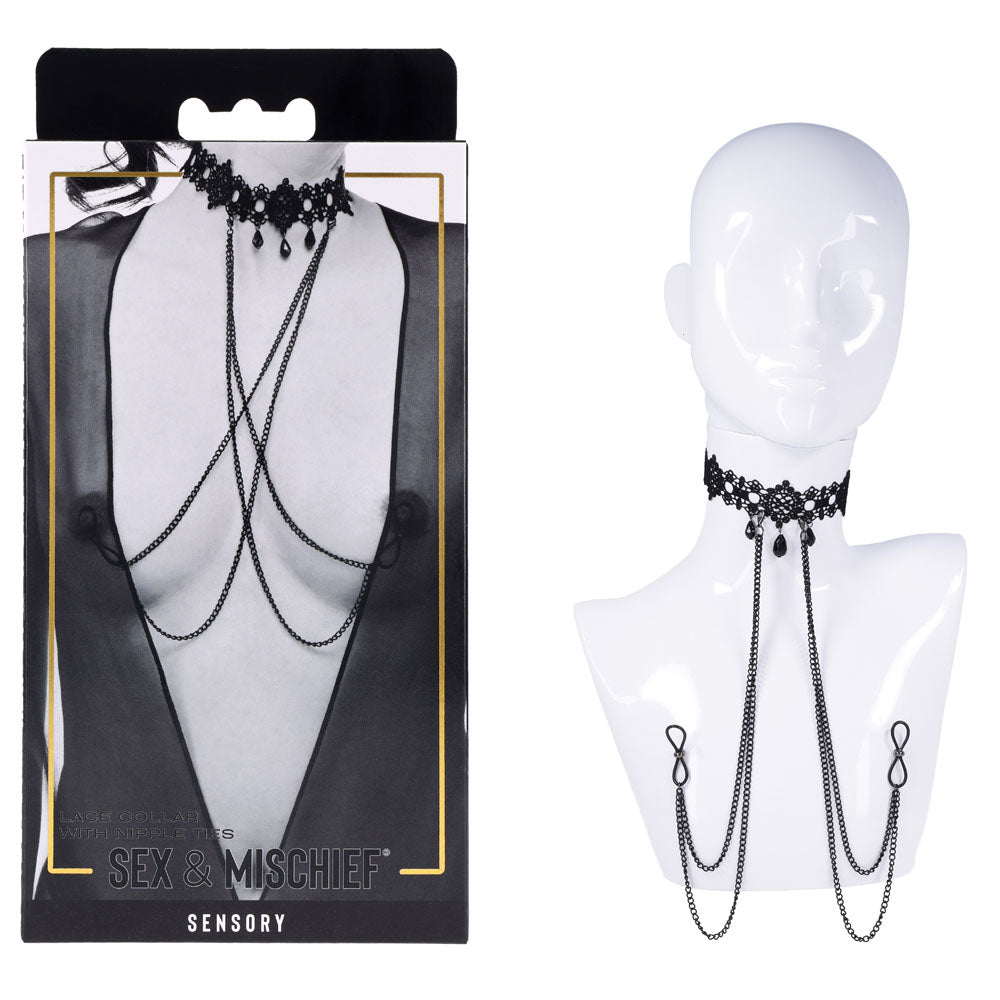 Sex & Mischief Lace Collar With Nipple Ties Black Neck And Nipple Restraints