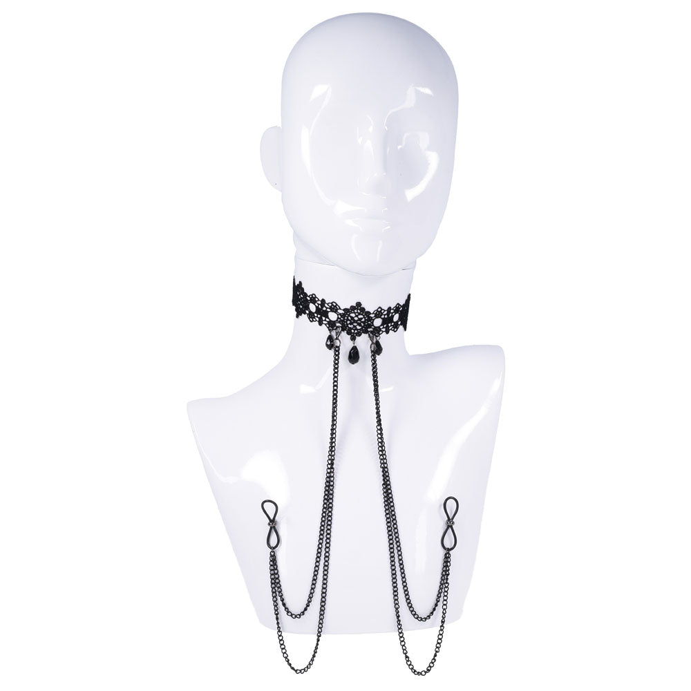 Sex & Mischief Lace Collar With Nipple Ties Black Neck And Nipple Restraints