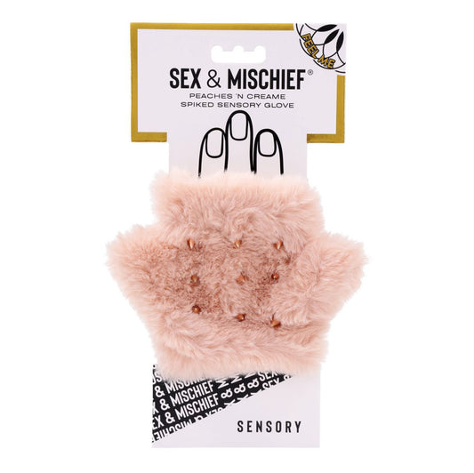 Sex & Mischief Peaches N Crea Me Spiked Sensory Glove Peach Furry Glove With Metal Spikes
