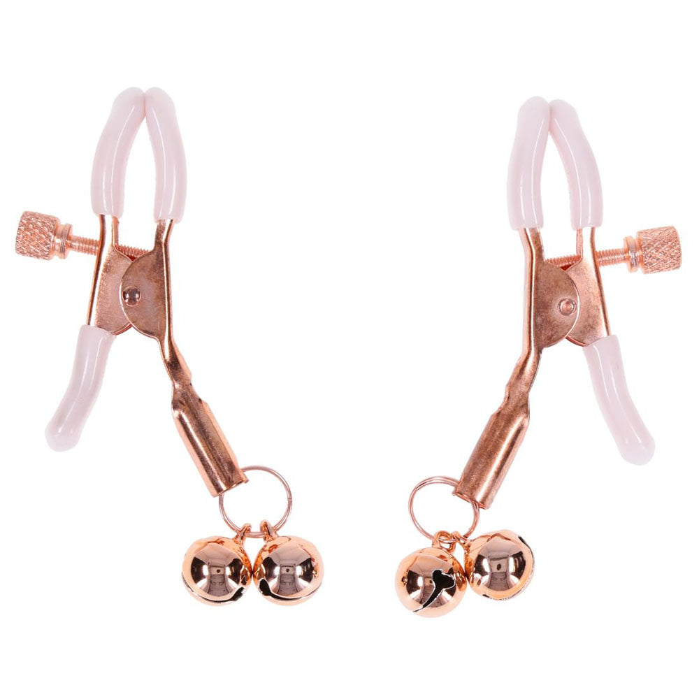 Sex & Mischief Peaches N Crea Me Bell Nipple Clamps Peach/Rose Gold Nipple Clamps With Bells Set Of 2