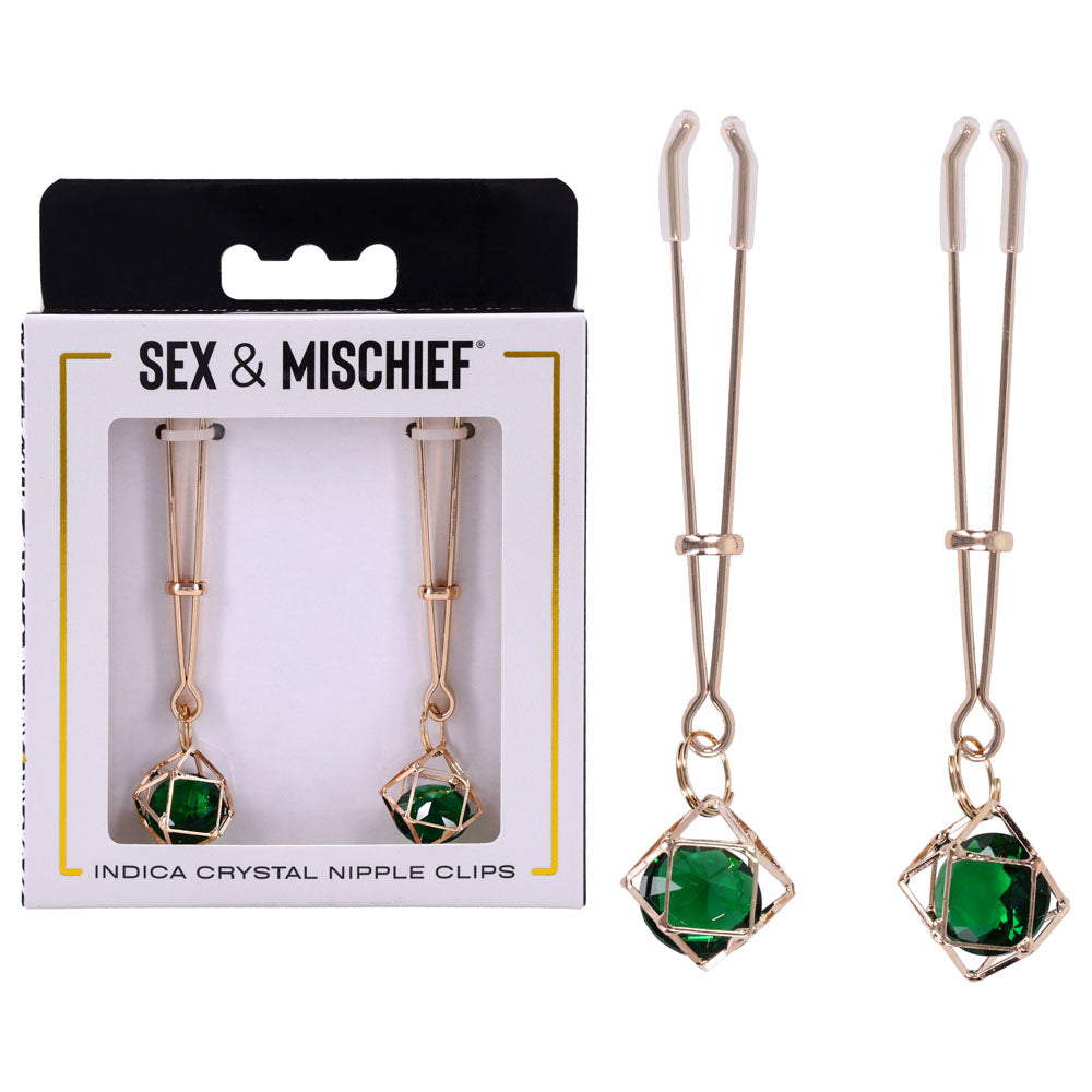 Sex & Mischief Indica Crystal Nipple Clips Gold Nipple Clips With Emerald Gems