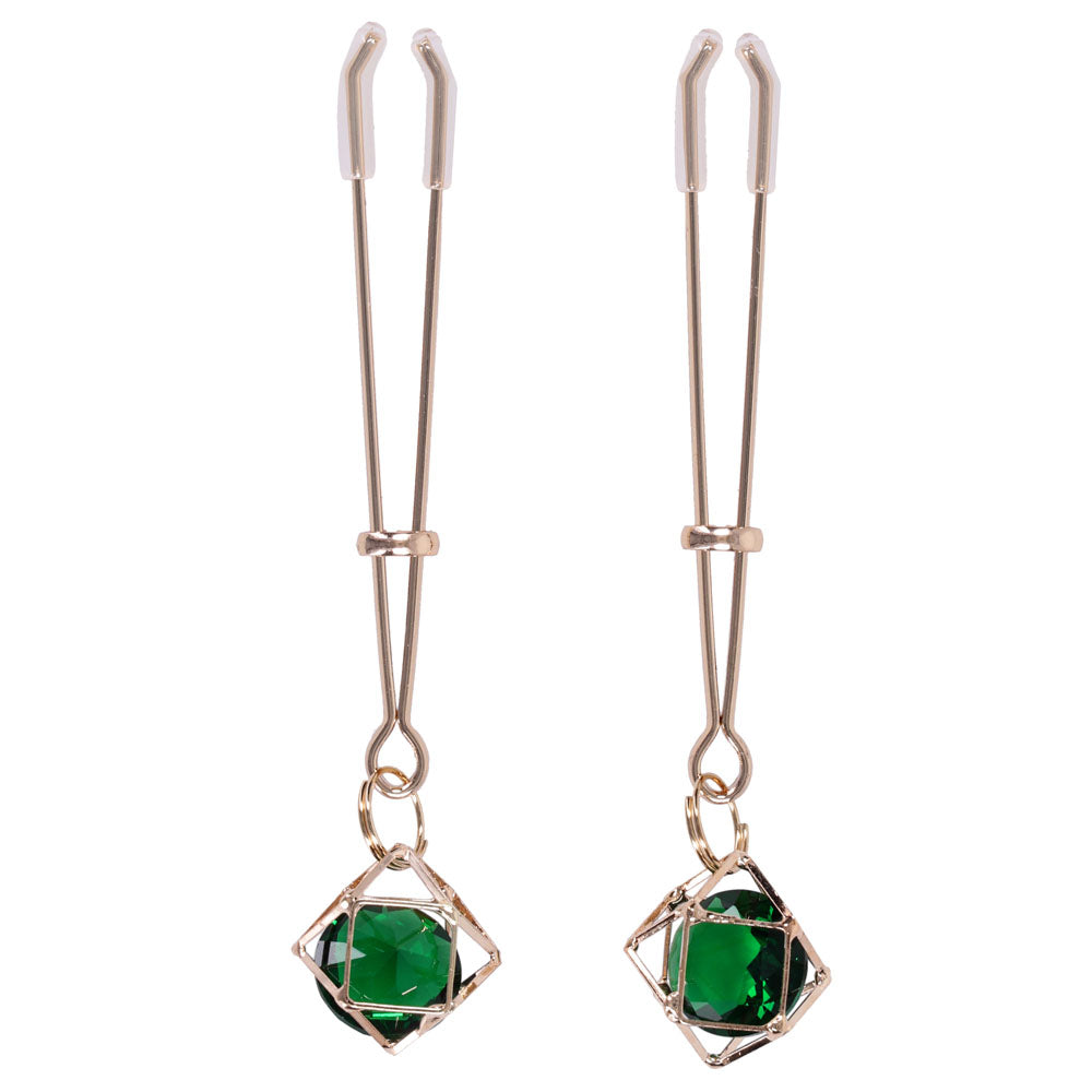 Sex & Mischief Indica Crystal Nipple Clips Gold Nipple Clips With Emerald Gems