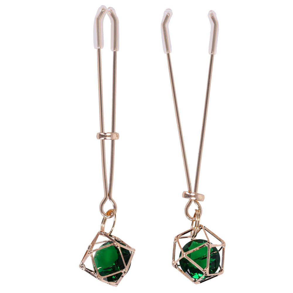 Sex & Mischief Indica Crystal Nipple Clips Gold Nipple Clips With Emerald Gems