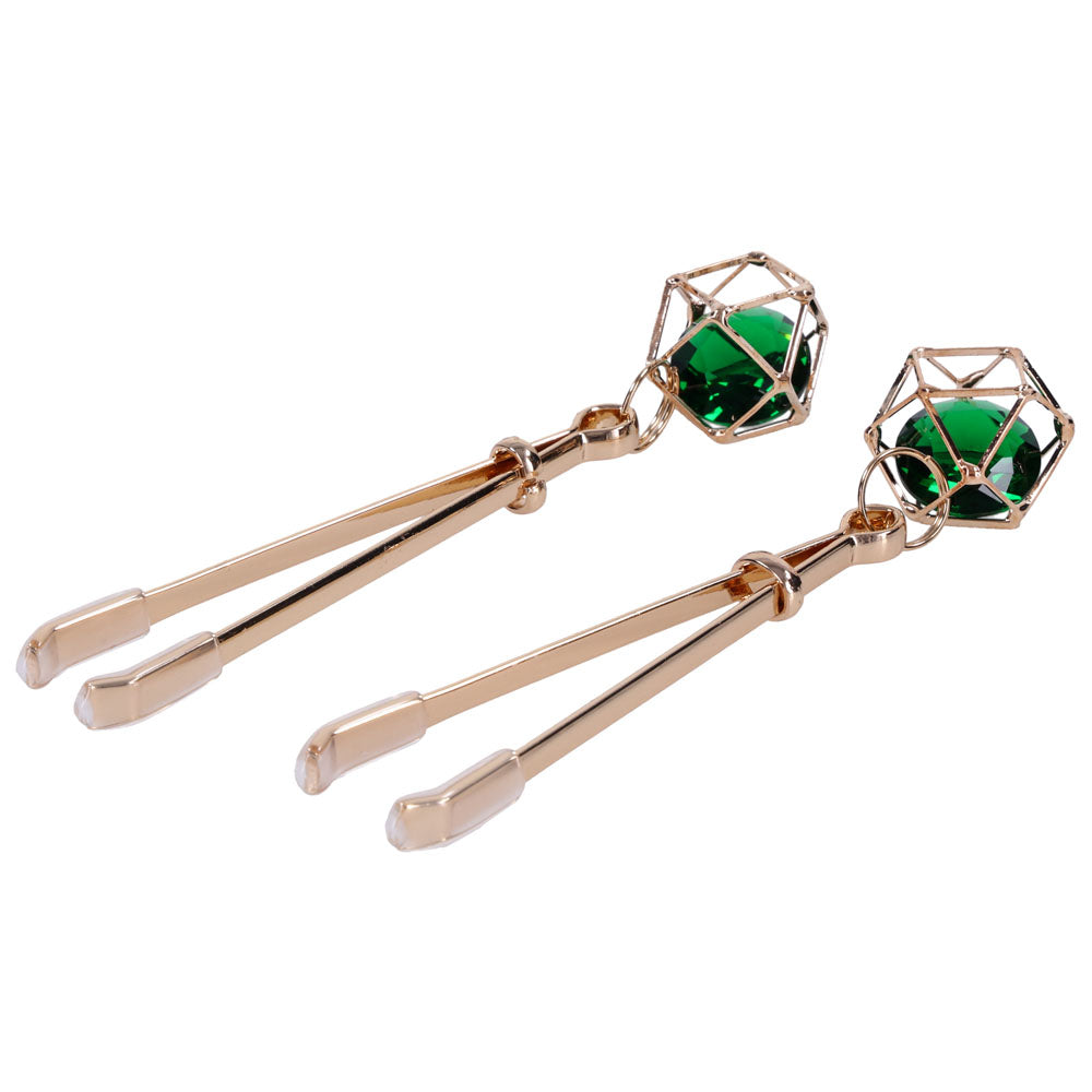 Sex & Mischief Indica Crystal Nipple Clips Gold Nipple Clips With Emerald Gems