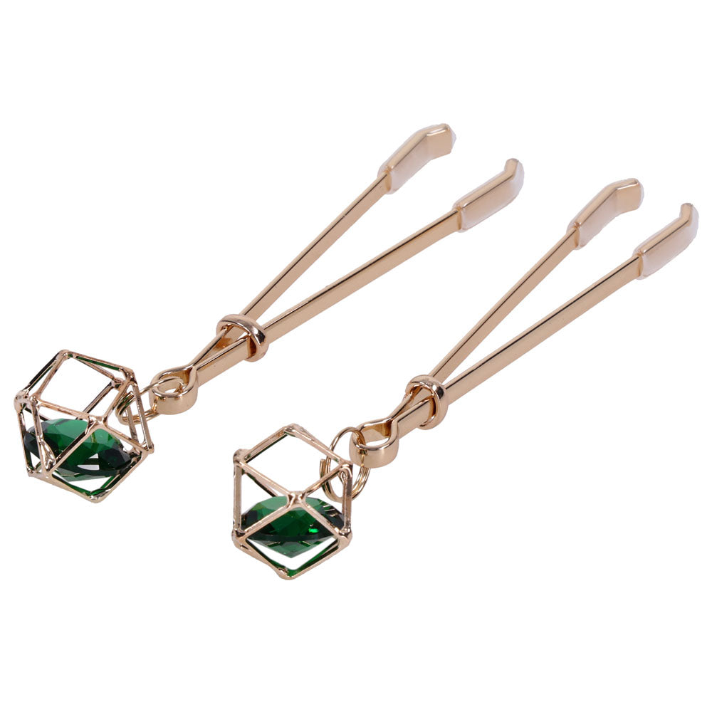 Sex & Mischief Indica Crystal Nipple Clips Gold Nipple Clips With Emerald Gems