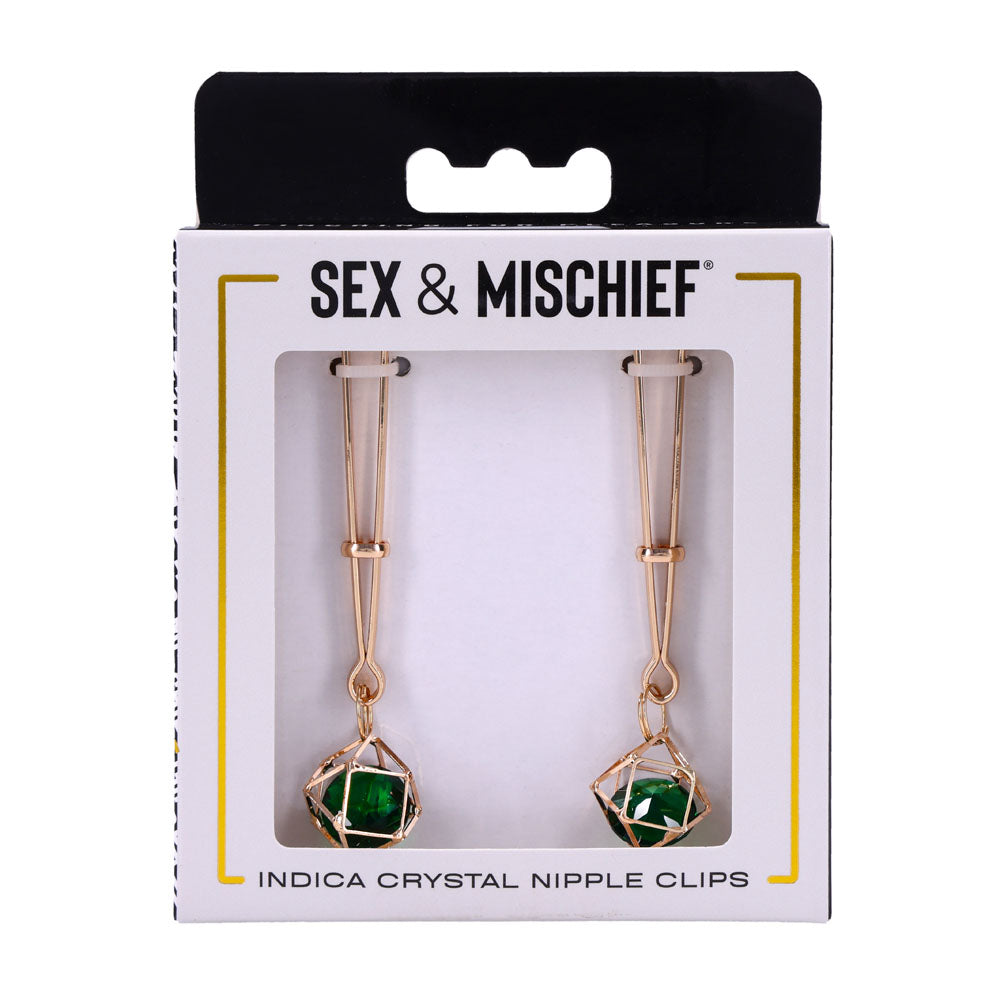 Sex & Mischief Indica Crystal Nipple Clips Gold Nipple Clips With Emerald Gems