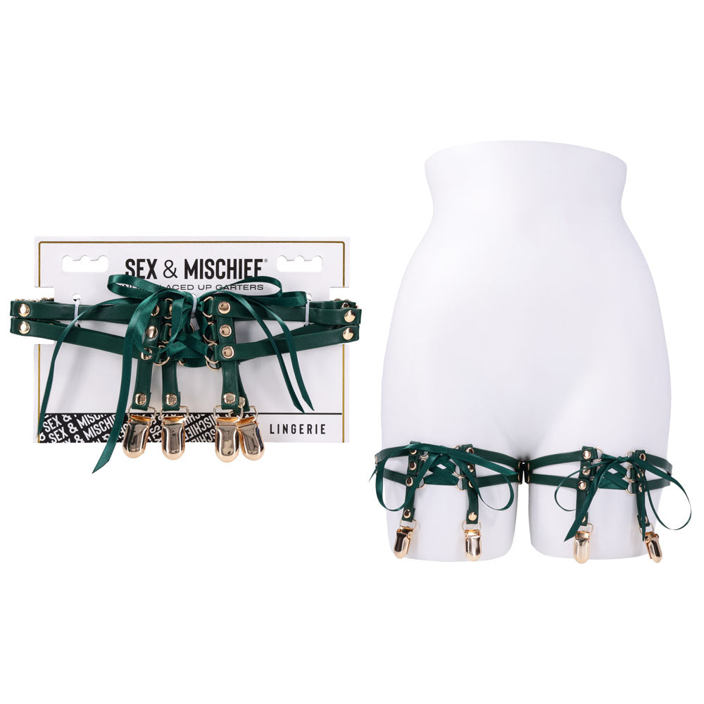 Sex & Mischief Indica Laced Up Garters Green/Gold Garters Set Of 2