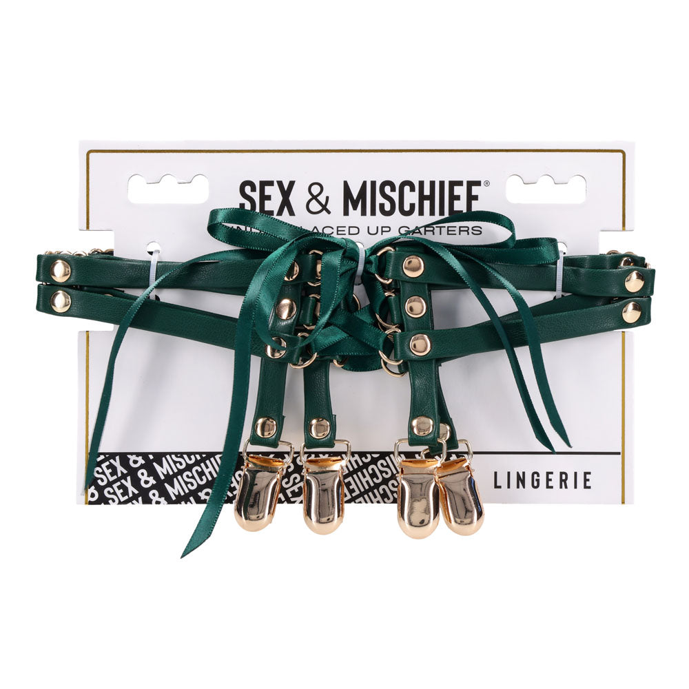 Sex & Mischief Indica Laced Up Garters Green/Gold Garters Set Of 2