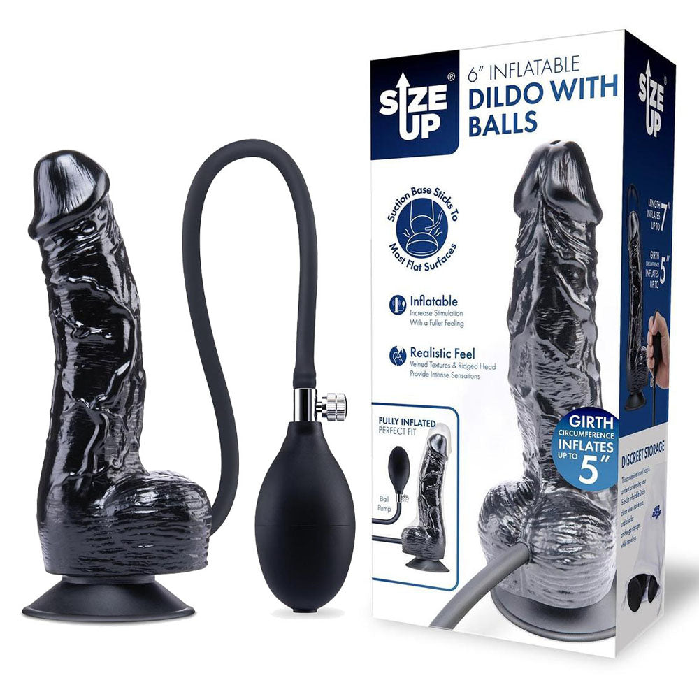 Size Up 6 Inch Inflatable Dildo With Balls Black 17.8 Cm Inflatable Dong