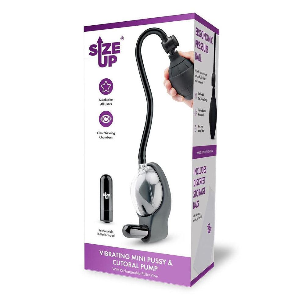 Size Up Vibrating Mini Pussy & Clitoral Pump Clear Usb Rechargeable Vibrating Vaginal And Clitoral Pump
