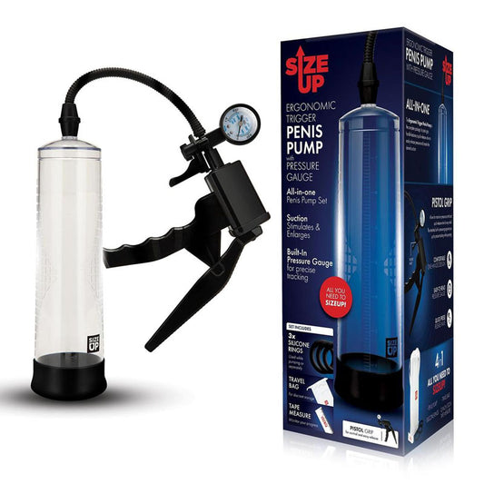 Size Up Ergonomic Trigger Penis Pump With Pressure Gauge Clear Penis Pump