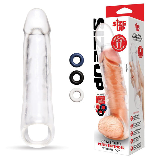 Size Up 3 Inch See Thru Penis Extender With Ball Loop Clear 7.6 Cm (3'') Penis Extension Sleeve
