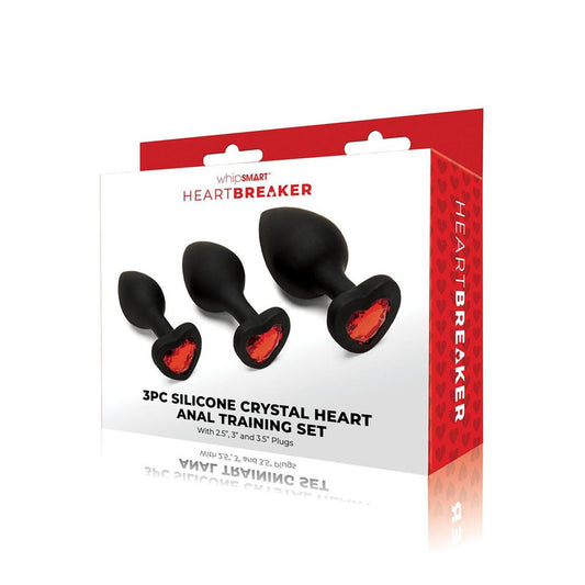 Whip Smart Heartbreaker 3 Pc Silicone Crystal Heart Anal Training Set Black Butt Plugs With Heart Gem Bases Set Of 3 Sizes