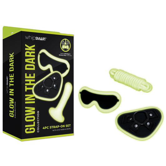 Whip Smart Glow In The Dark 4pc Strap On Set Glow In Dark 15.2 Cm Strap On With Eye Mask & Rope