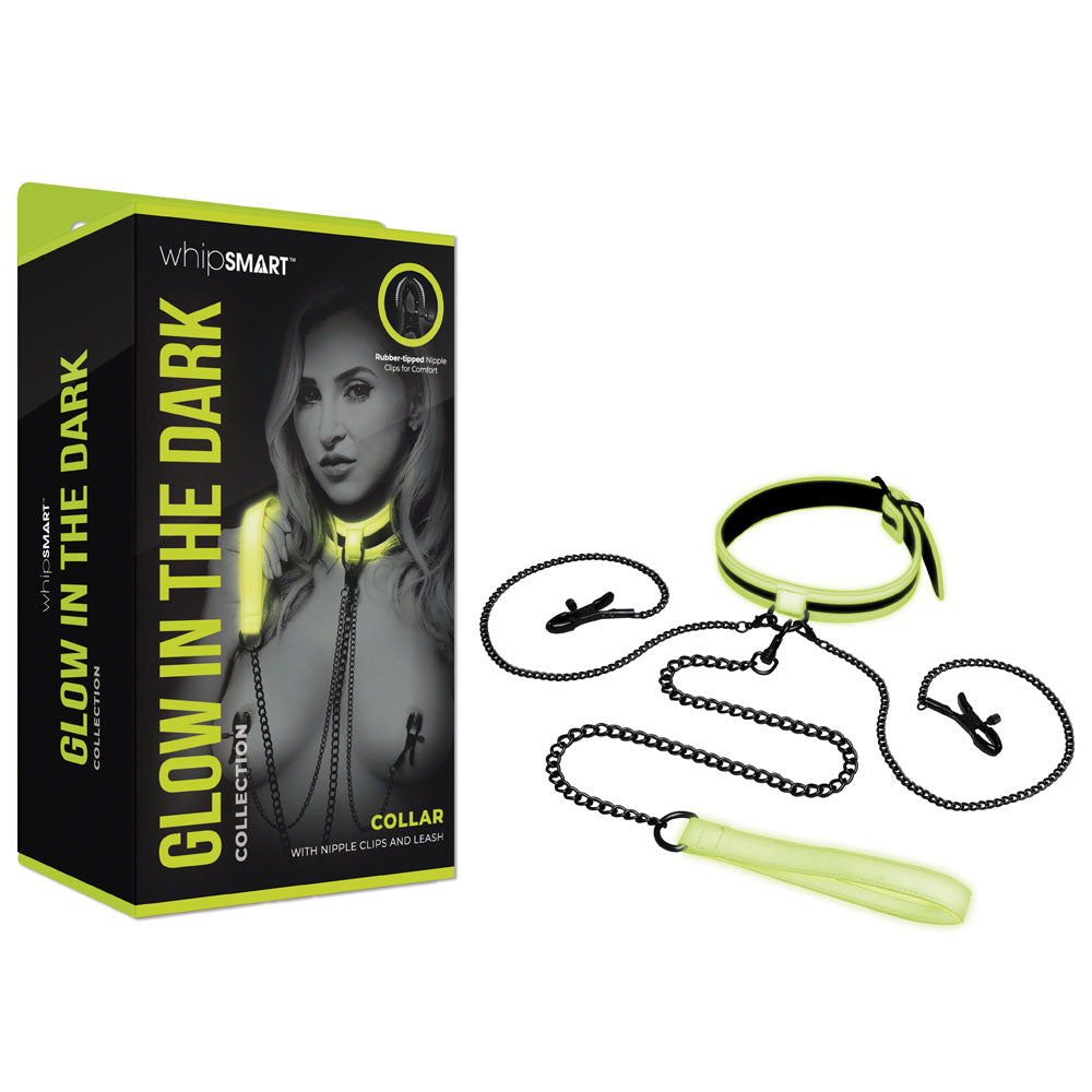 Whip Smart Glow In The Dark Collar With Nipple Clips & Leash Glow In Dark Restraint