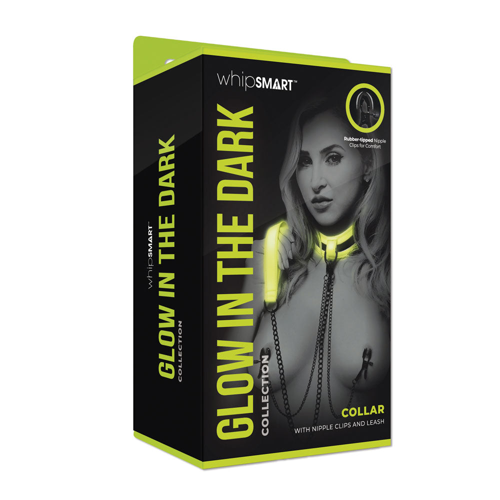 Whip Smart Glow In The Dark Collar With Nipple Clips & Leash Glow In Dark Restraint