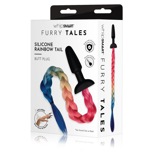Whip Smart Furry Tales Silicone Rainbow Tail Black 8.9 Cm Butt Plug With Rainbow Tail