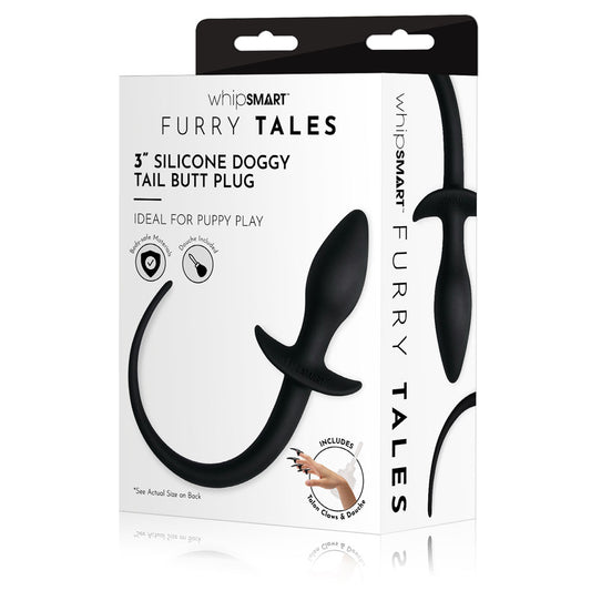 Whip Smart Furry Tales 3'' Silicone Doggy Tail Butt Plug Black 7.6 Cm Butt Plug With Doggy Tail