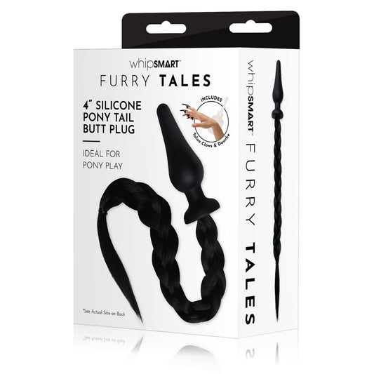 Whip Smart Furry Tales 4 Inch Silicone Pony Tail Butt Plug Black 10.1 Cm Butt Plug With Black Pony Tail