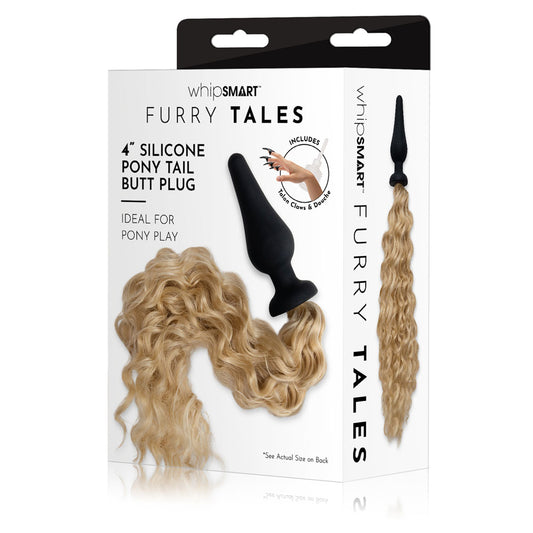 Whip Smart Furry Tales 4 Inch Silicone Pony Tail Butt Plug Black 10.1 Cm Butt Plug With Blonde Pony Tail
