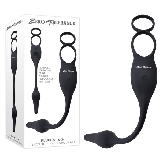 Zero Tolerance Plug & Tug Black Usb Rechargeable Vibrating Cock Ring With Anal Plug