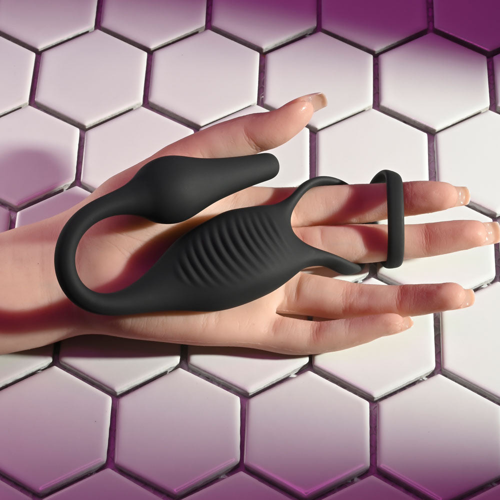 Zero Tolerance Plug & Tug Black Usb Rechargeable Vibrating Cock Ring With Anal Plug