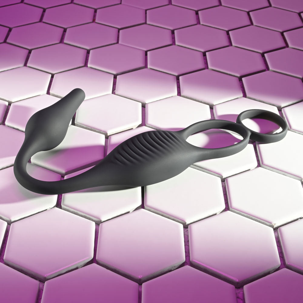 Zero Tolerance Plug & Tug Black Usb Rechargeable Vibrating Cock Ring With Anal Plug