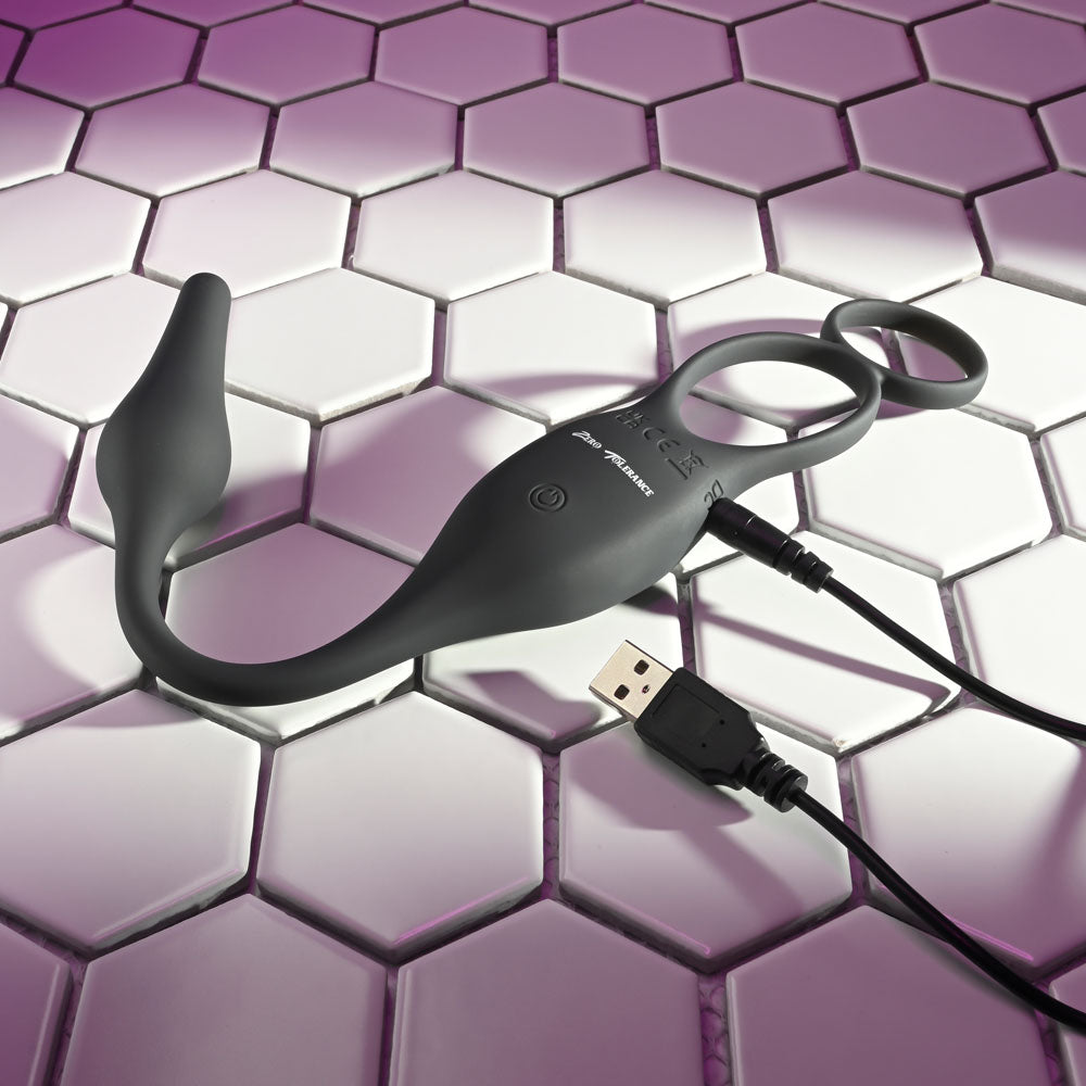 Zero Tolerance Plug & Tug Black Usb Rechargeable Vibrating Cock Ring With Anal Plug