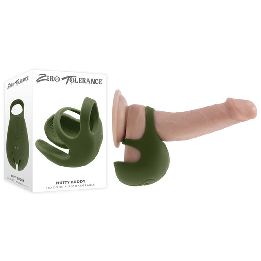 Zero Tolerance Nutty Buddy Olive Green Usb Rechargeable Vibrating Cock & Balls Ring
