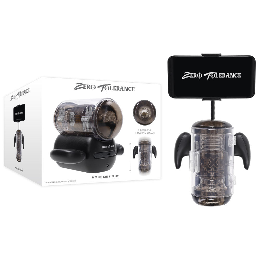 Zero Tolerance Hold Me Tight Black Usb Rechargeable Vibrating Auto Stroker With Phone Holder