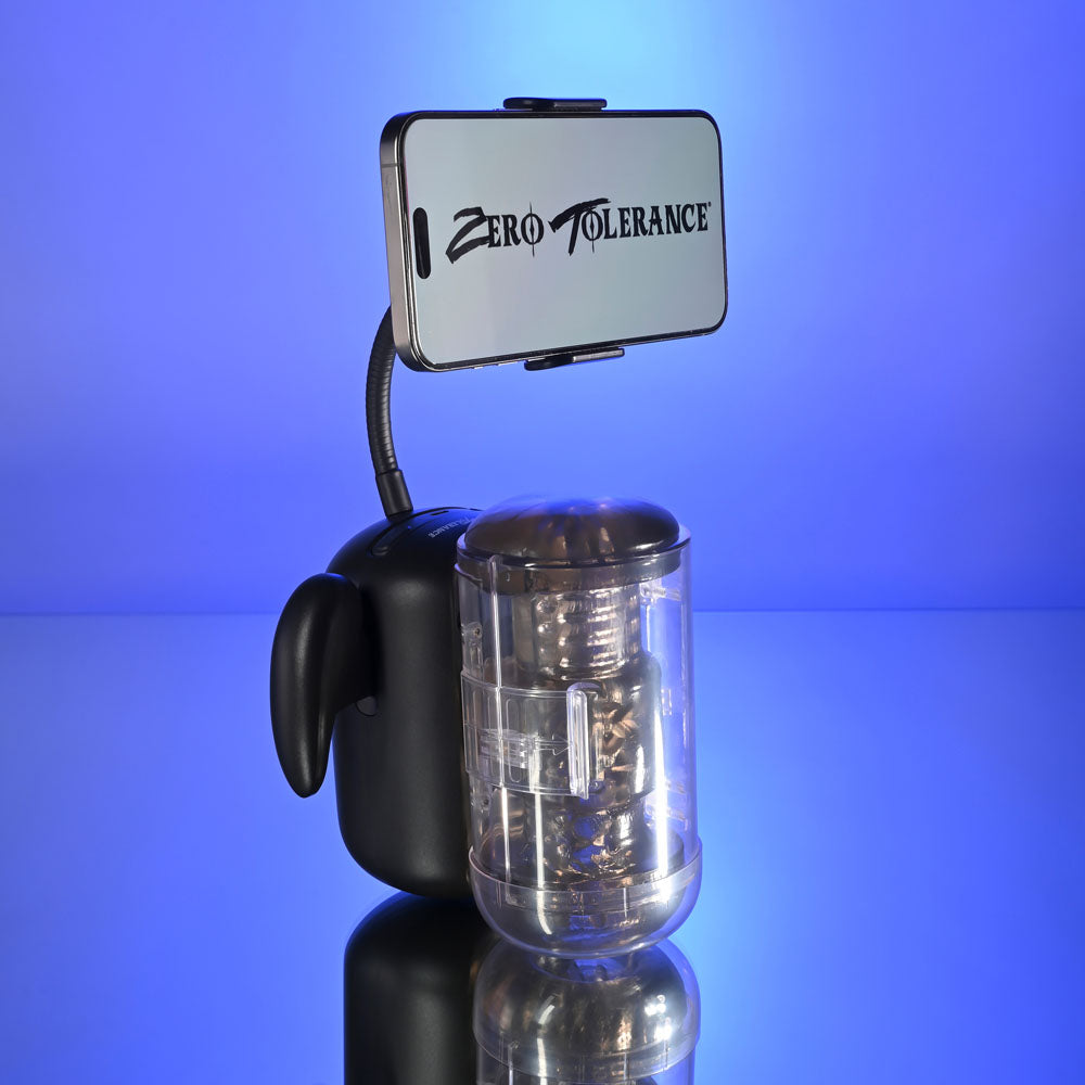 Zero Tolerance Hold Me Tight Black Usb Rechargeable Vibrating Auto Stroker With Phone Holder