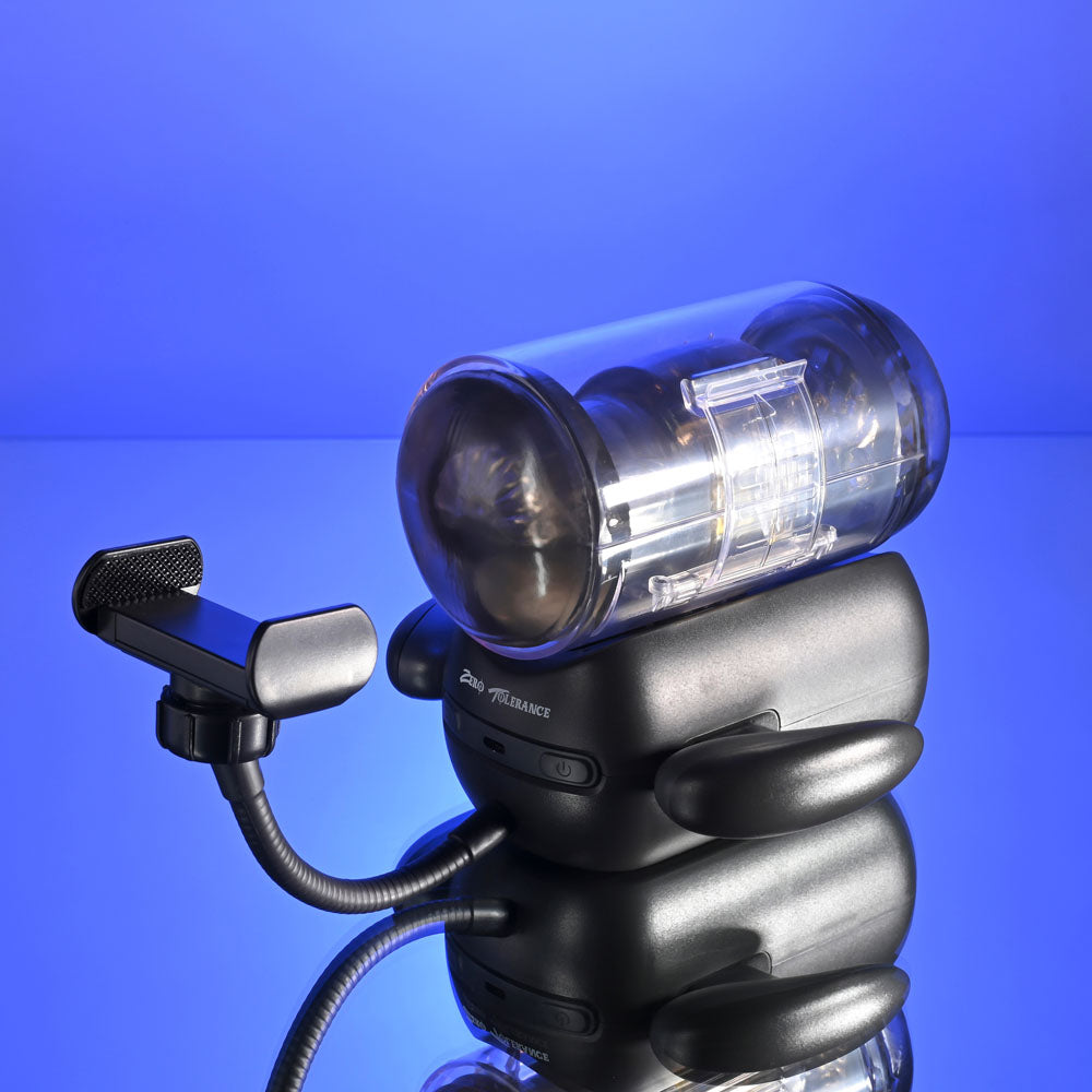 Zero Tolerance Hold Me Tight Black Usb Rechargeable Vibrating Auto Stroker With Phone Holder