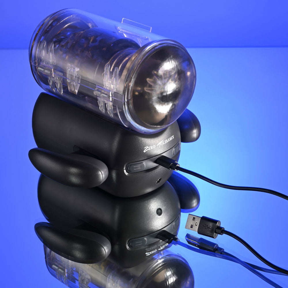 Zero Tolerance Hold Me Tight Black Usb Rechargeable Vibrating Auto Stroker With Phone Holder