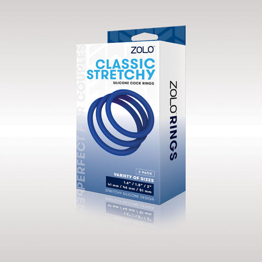 Zolo Classic Stretchy Silicone Cock Ring 3 Pack Blue Cock Rings Set Of 3 Sizes